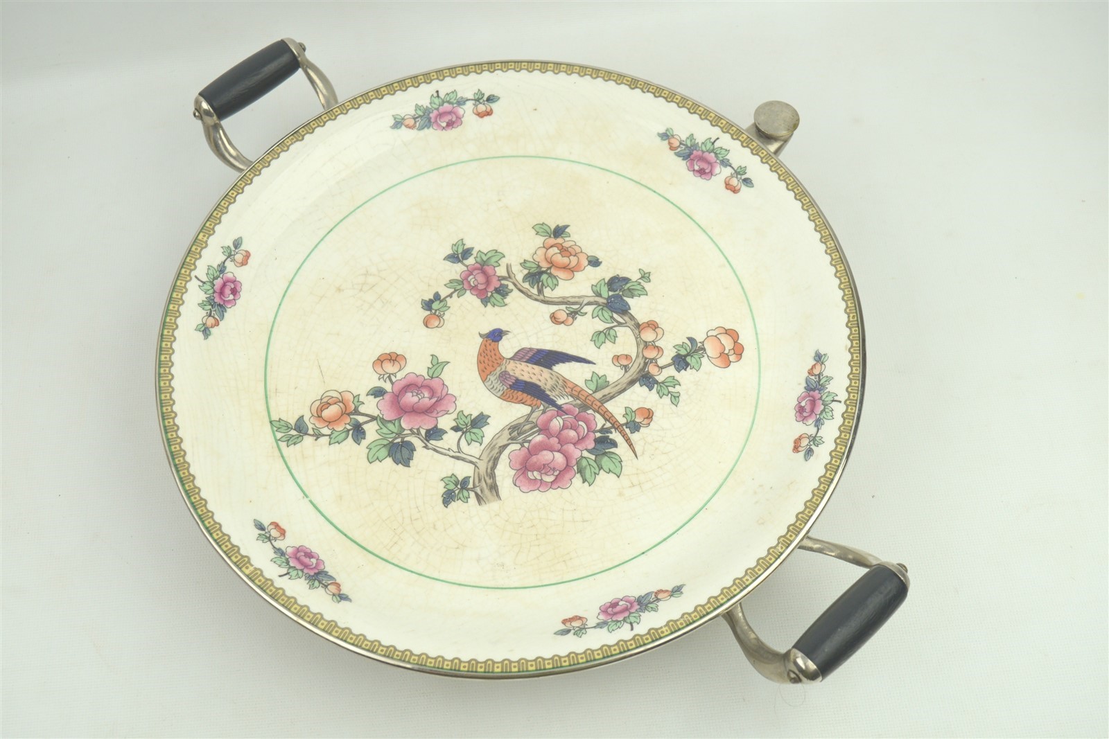 Antique Warming Plate Copper Brass Hot Water Decorated Porcelain Top 12"