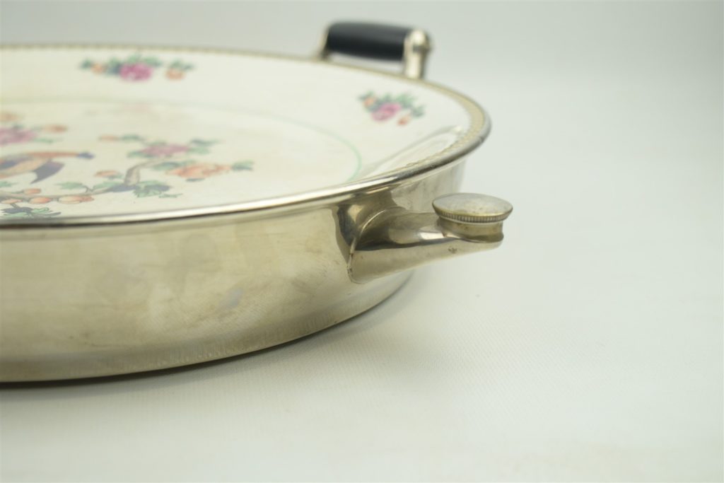 Antique Warming Plate Copper Brass Hot Water Decorated Porcelain Top 12"