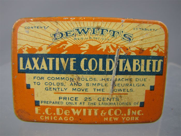 Vintage Dewitt's Laxative Cold Tablets Tin w/ Instruct.