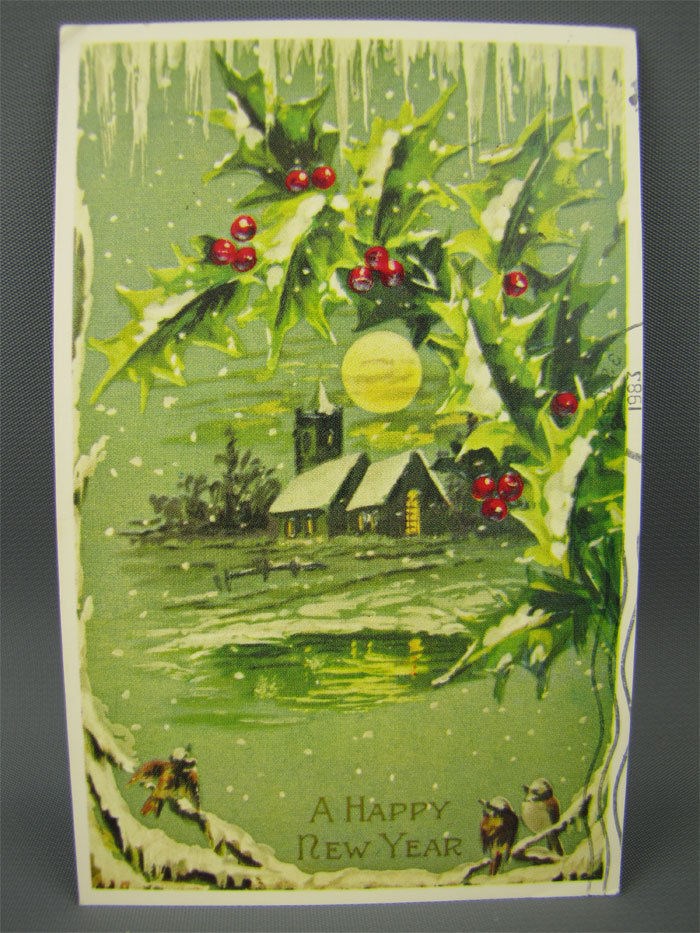 Vintage Postcard A HAPPY NEW YEAR Winter Village 1983