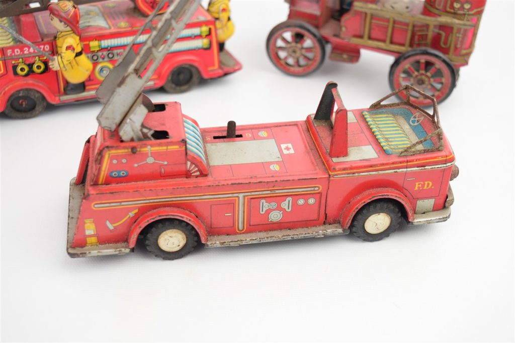 3 Vintage Japanese Tin Fire Truck Toys LineMar Nomura Modern Toys Parts