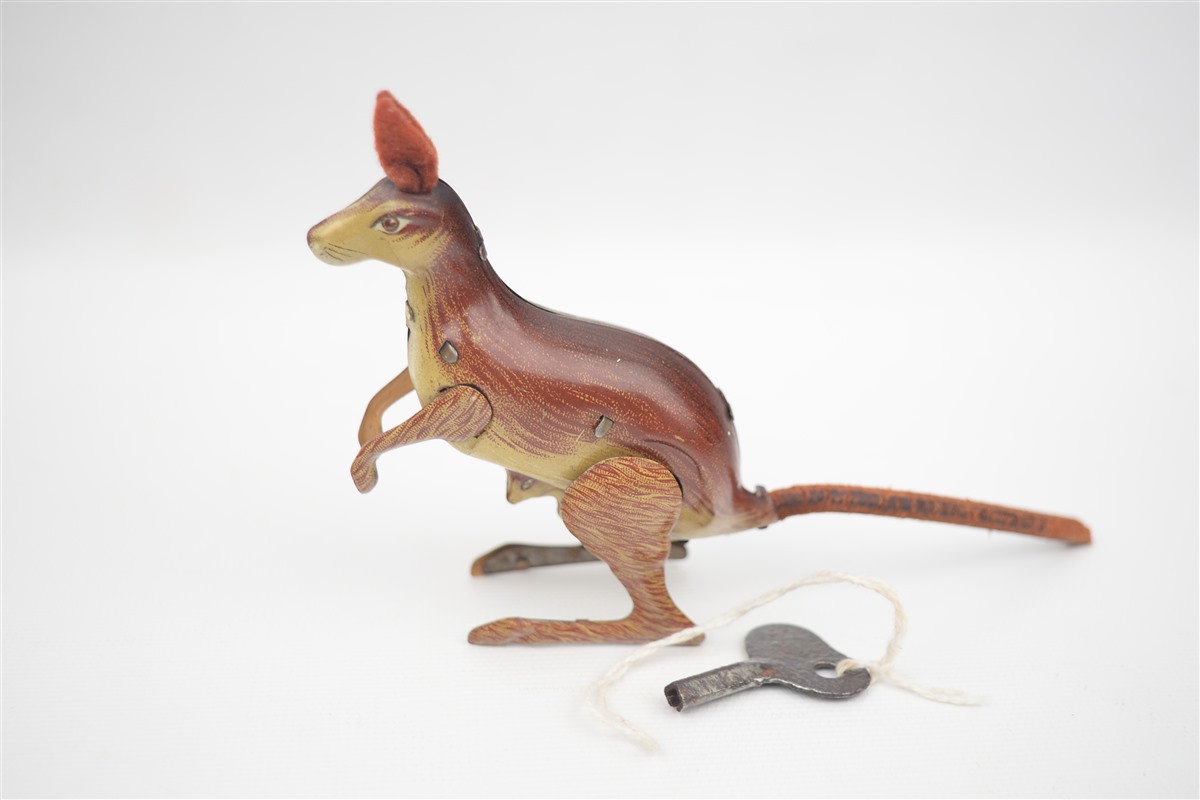 Vintage Post War US Zone Germany Kohler Tin Wind Up Kangaroo w/ Joey