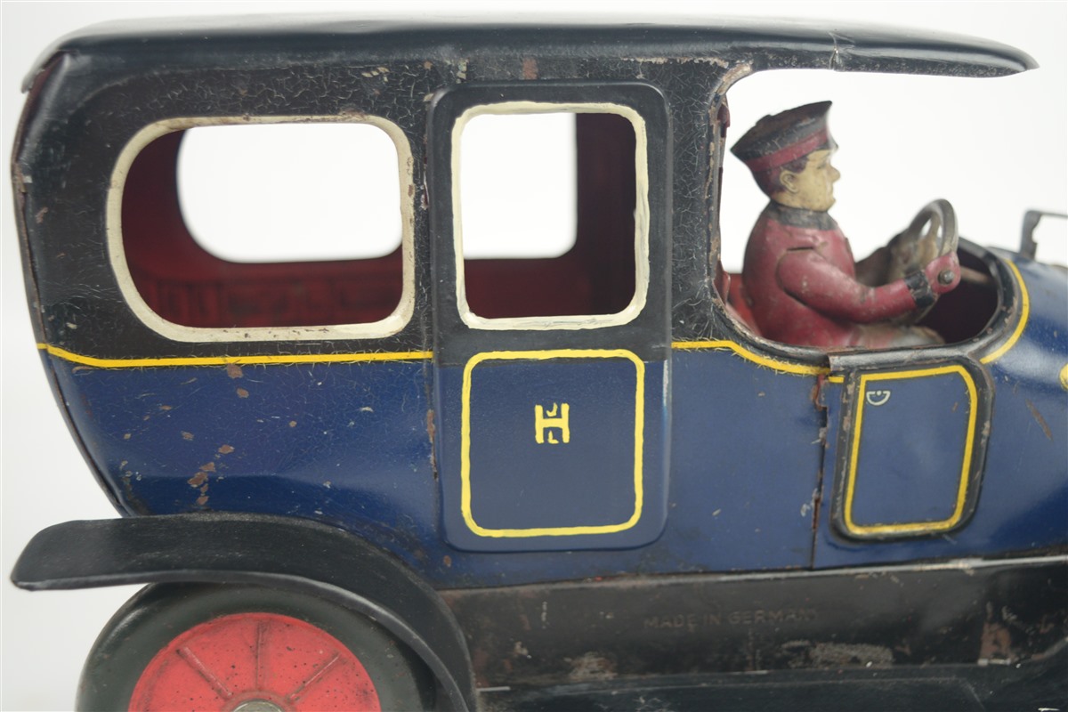 Antique Tin Flywheel Toy Car JLH Hess Hessmobil Limousine Germany 9